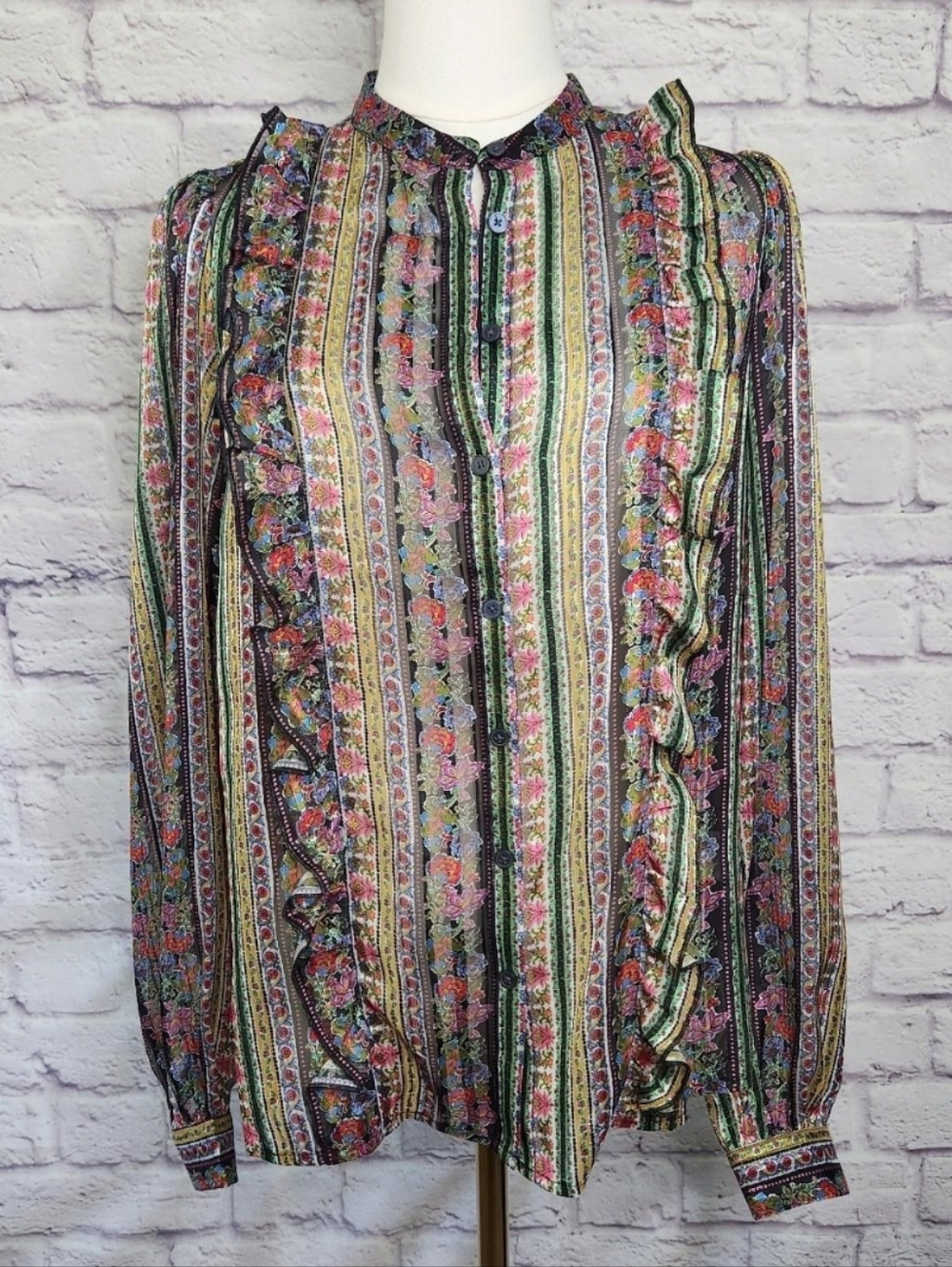 Boden Ruffle Button-up Shirt in the Multi-color Carnation Bloom pattern US 6